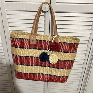 Chic Woven Tote with Pom Poms